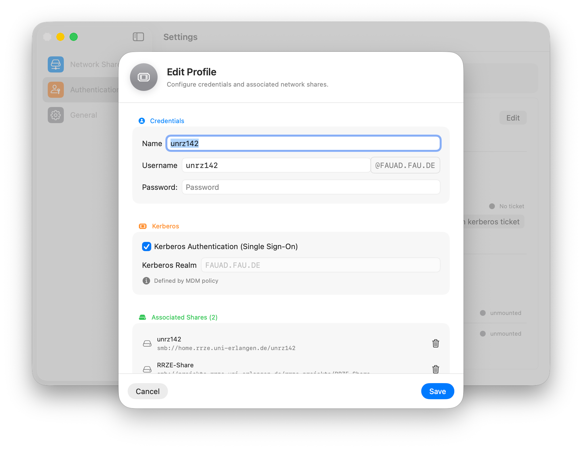 Network Share Mounter – Menüleiste